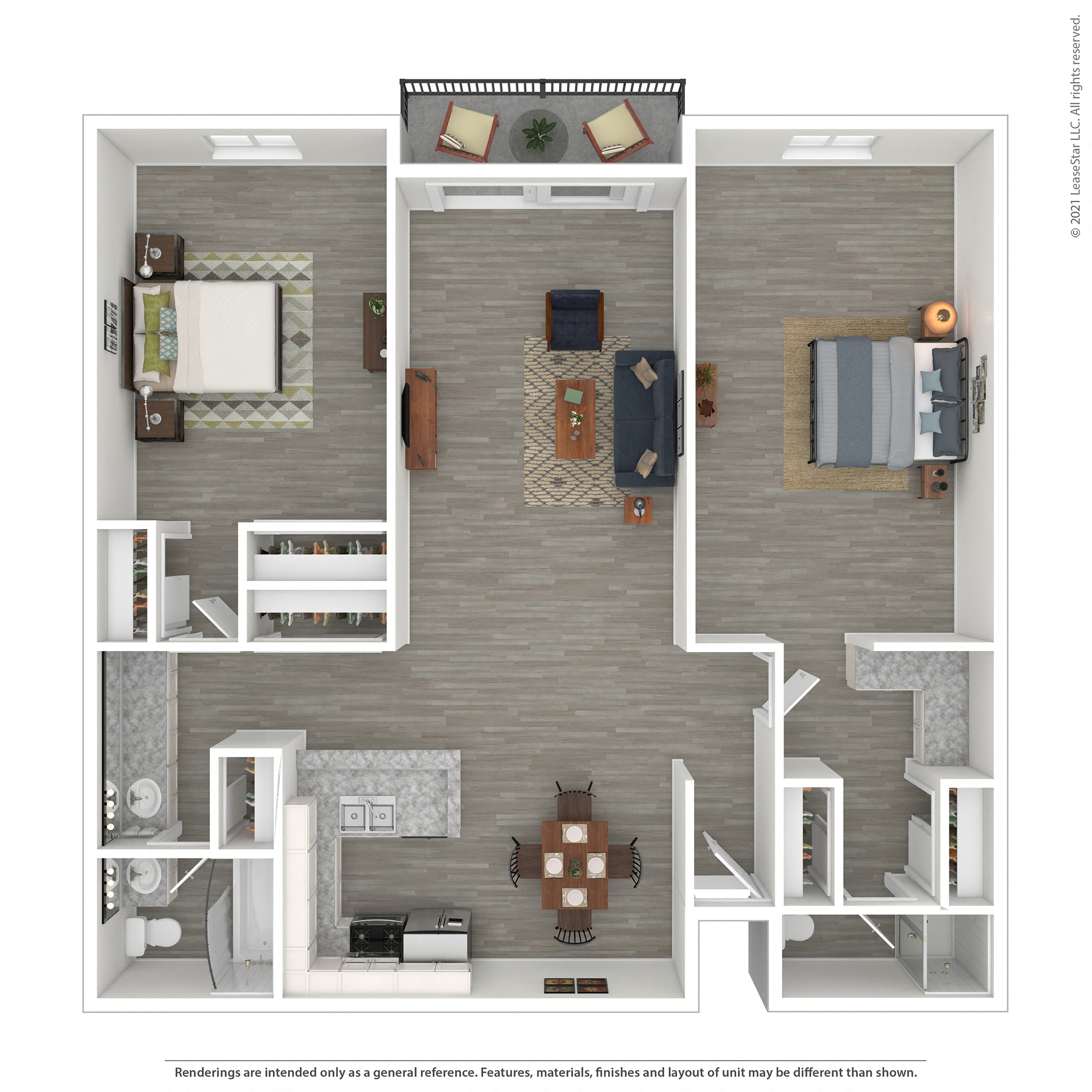 Floor plan for 2 beds, 2 baths, 1300 sqft